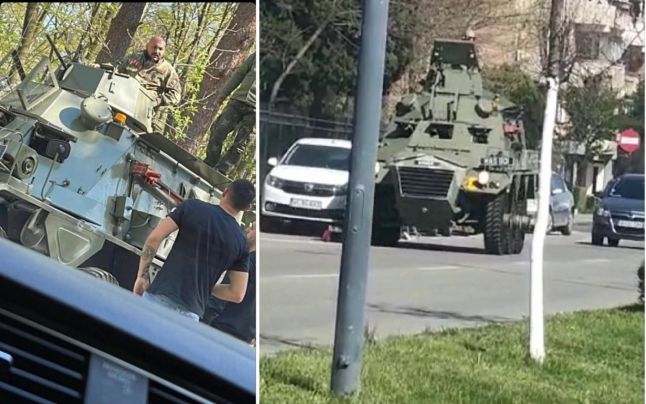 Dani Mocanu s-a plimbat cu o blindata de epoca pe un bulevard din Ramnicu Valcea